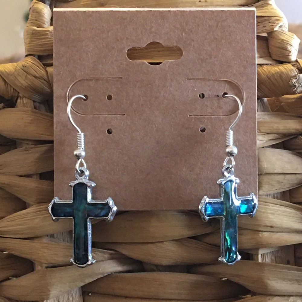 Faux abalone silver plated cross earrings